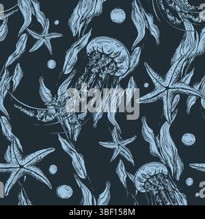 Scogliera sottomarina con animali marini meduse, stelle marine, bolle e alghe. Illustrazione grafica disegnata a mano con inchiostro blu. Motivo senza cuciture su a. Illustrazione Vettoriale