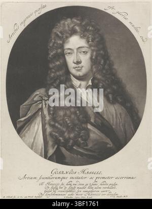 Amministrazione comunale Amsterdam, Amsterdam, Schenk, Pieter (i), Smids, Ludolph, Kneller, Gottfried, Ritratto dell'amante dell'arte Guarnerus Hassel, verso - stampato, stampa, altezza 245 mm, larghezza 186 mm, Noord-Nederlands, 1660-12-26 - 1711, stampatore, 1670 - 1713, carta, mezzotina, incisione, incisione (processo di stampa), tedesco, 1646-08-08 - 1723-10-19, dopo, dipinto di, 1649-06-13 - 1720-03-07, scrittore, pubblicazione (evento), pubblicazione, editore, reclamatore, reclamatore van Privilege Foto Stock