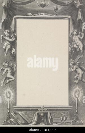 Paesi Bassi meridionali, incorniciati da simboli della passione e dell'Eucaristia, Paesi Bassi meridionali, verso - stampigliato, Una cornice con sinistra e destra quattro putti che mostrano gli strumenti della passione: calice, corona di spine, asta e frusta e croce. Al centro sopra la Pasqua: Pane, vino e una generazione di agnello. Al centro di un altare con gli attributi dell'Eucaristia e di una Bibbia aperta., stampa, altezza 308 mm, larghezza 208 mm, incisore, 1650 - 1750, carta, incisione, incisione (processo di stampa) Foto Stock