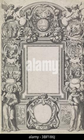 Paesi Bassi meridionali, frontespizio con due rappresentazioni clericali e bibliche, Paesi Bassi meridionali, stampato verso, Una cornice con diversi cartigli e spettacoli biblici. Sotto un sacerdote cattolico romano, sotto un monaco sulla destra. Nel mezzo di un cartiglio con la Santissima Trinità e un'immaginazione della creazione. In senso orario: La creazione di Eva, la caduta, l'annuncio a Maria, la crocifissione, Mosè con le Tavole della legge e un cartiglio con fede, speranza e amore. Sulle basi in fondo al giudizio finale e all'inferno. Nel mezzo di un cartiglio ornamentale vuoto. Possibile ti Foto Stock