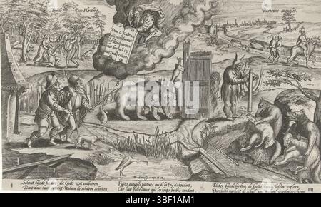 Haecht, Willem van (i), Haecht, Cleve, Marten van (i), paesi Bassi meridionali, Wierix, Antonie (II), Blind Shepherds, Pasteur's aveugles, de blind Shepherds, cioè tre volte due linee, paesaggio in cui figure allegoriche ed elementi di immagine insieme formano un rebus. A sinistra un orologio su cui l'anno 1579, insieme a due pastori ciechi, in cielo Dio con le tavole della legge. Al centro due orsi, un guanto ad una porta rotta, uno sciocco che ondeggia e due lupi a destra che radono le pecore. Sullo sfondo, la popolazione è terrorizzata. L'impronta è un attacco all'incapacità del gove Foto Stock