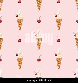 Acquerello senza cuciture con gelato alla vanila con ciliegia in un cono per waffle e ciliegia su sfondo rosa Foto Stock