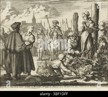 Paesi Bassi settentrionali, Luyken, Jan, Marie de Beckum et sa soeur brulees a Deventer Ao. 1544, Maria von Beckum und ihre Schwester zu Deventer Verbrent, Ao 1544, Maria van Beckum e sua cognata Ursel a Delden bruciarono, 1544, Paesi Bassi settentrionali, il battista Maria van Beckum incatenato al diritto di essere bruciato. Ha lasciato sua cognata Ursel, detenuta da un servo della legge. Soldati e passanti sullo sfondo. Sottotitoli in una riga in francese e tedesco nella targa., stampa, storico, stampe, Frederik Muller Historical plates, altezza 115 mm, larghezza 143 mm, olandese settentrionale, 1649-04-16 - 1712-04-05, Foto Stock