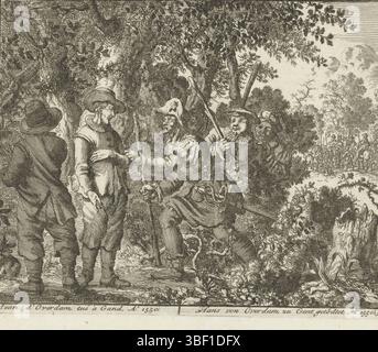 Luyken, Jan, Noordelijke Nederlanden, Luyken, Jean d'Overdam tué à Gand, Ao. 1550, Hans von Overdam zu Gent getödtet, Hans van Overdam catturato in una foresta vicino Gand, 1550, Paesi Bassi settentrionali, Hans van Overdam catturato in una foresta vicino Gand da un gruppo di uomini armati, stampa, storeprent, stampe, Frederik Muller Historical plates, altezza 115 mm, larghezza 143 mm, Noord-Nederlands, 1649-04-16 - 1712-04-05, stampatore, 1683 - 1685, quarto trimestre XVII secolo, carta, incisione, incisione, incisione, ideazione del lavoro, 1649-04-16 - 1712-04-05 Foto Stock