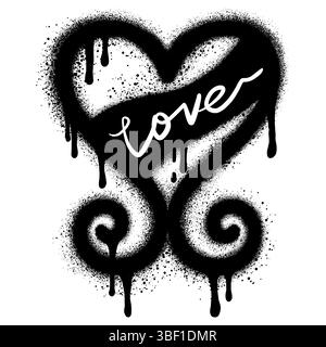 Icona a forma di cuore graffiti spruzzata con vernice spray con testo amoroso isolato su sfondo bianco Illustrazione Vettoriale