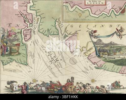 Olanda settentrionale, Hooghe, Romeyn de, Mappa della foce del Tamigi con il Tour a Chatham, 1667, Paesi Bassi settentrionali, Mappa della foce del Tamigi su cui è indicato il Tour a Chatham, 1667. In cima a una scommessa con il corso del fiume vicino a Londra. Sulla destra, gli angeli reggono una tela con uno spettacolo del viaggio a Chatham e l'incendio delle navi da guerra inglesi. In fondo a Michiel de Ruyter in un carro trionfale trainato sul mare da cavalli e seguito tritoni e altre creature marine con la catena navigata. Sullo sfondo Johan o Cornelis de Witt (?) anche in un carrello. Foto Stock
