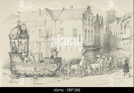 Utrecht, Weijer, Pieter Wilhelmus van de, Hoevenaar, Willem Pieter, Nederland, Groeneveldt, a. van, De Unie van Utrecht. 1579, Praalwagen raffigurò l'Unione di Utrecht del 1579, Utrecht, Paesi Bassi, Praalwagen nella parata della mascherata degli studenti di Utrecht nel 1853, raffigurando allegoricamente l'Unione di Utrecht chiusa nel gennaio 1579. Il carro viene tirato per le strade di una città di Utrecht da sei cavalli. Sul carro il Leone olandese nel Giardino olandese con striscioni delle sette province collegate all'Unione, con personificazioni di vigilanza e attenzione. Dietro un vuoto Foto Stock