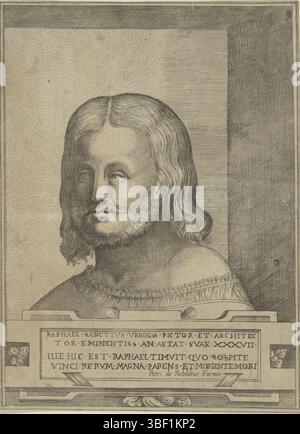 Roma, Nobili, Pietro de', Italia, Raffaello, Bonasone, Giulio, Ritratto dell'artista Rafael, Roma, verso - timbrato, stampa, stampa, altezza 236 mm, larghezza 175 mm, concezione del lavoro, italiano, 1510 - 1576, dopo la stampa di, 1584 - 1585, carta, incisione, macchina di stampa, 1483-04-07 - 1520-04-07, secondo il progetto di, pubblicazione (evento), pubblicazione, editore Foto Stock