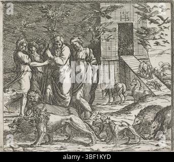 Città del Vaticano, Raffaello, Italia, Borgianni, Orazio, dipinti nella Loggia di Raffaello, Noè lascia l'arca dopo l'alluvione, timbrato verso, Noè e la sua famiglia lasciano l'arca insieme a tutti gli animali., stampa, altezza 150 mm, larghezza 170 mm, 1578 - 1616-01-11, stampatrice, 1615 - 1615, carta, incisione, 1483-04-07 - 1520-04-07, dopo la verniciatura di Foto Stock