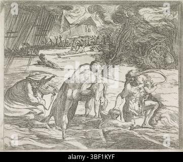 Città del Vaticano, Raffaello, Italia, Borgianni, Orazio, dipinti nella Loggia di Raffaello, il diluvio, verso - timbrato, il diluvio inonda la terra. Persone e animali sono inghiottiti dall'acqua. Le persone cercano di fuggire dall'acqua in salita., stampa, altezza 158 mm, larghezza 190 mm, 1578 - 1616-01-11, stampatrice, 1615 - 1615, carta, incisione, 1483-04-07 - 1520-04-07, dopo la verniciatura di Foto Stock