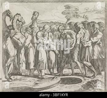 Città del Vaticano, Raffaello, Italia, Borgianni, Orazio, dipinti nella Loggia di Raffaello, Giuseppe venduti dai suoi fratelli, stampato verso, Giuseppe è venduto dai suoi fratelli ad un gruppo di mercanti del pozzo., stampa, altezza 154 mm, larghezza 176 mm, 1578 - 1616-01-11, stampatrice, 1615 - 1615, carta, incisione, 1483-07 - 1520-04-07, dopo la verniciatura di Foto Stock