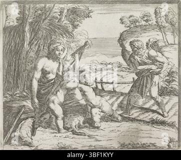 Città del Vaticano, Raffaello, Italia, Borgianni, Orazio, dipinti nella Loggia di Raffaello, Adamo ed Eva dopo la caduta, timbrati verso, Adamo ed Eva con Caino e Abele che lavorano in un paesaggio., stampa, altezza 146 mm, larghezza 175 mm, 1578 - 1616-01-11, stampatrice, 1615 - 1615, carta, incisione, 1483-04-07 - 1520-04-07, dopo la verniciatura di Foto Stock