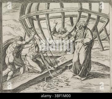 Città del Vaticano, Raffaello, Italia, Borgianni, Orazio, dipinti nella Loggia di Raffaello, Noè costruisce l'arca, stampato verso, Noè e i suoi tre figli costruiscono l'arca., stampa, altezza 155 mm, larghezza 188 mm, 1578 - 1616-01-11, stampatrice, 1615 - 1615, carta, incisione, 1483-04-07 - 1520-04-07, dopo la verniciatura di Foto Stock