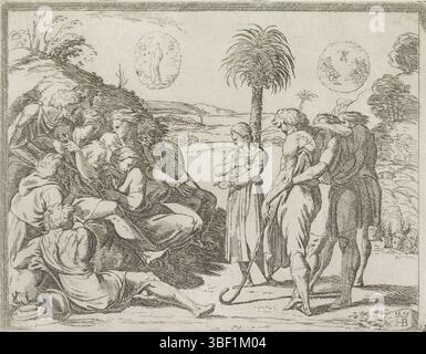 Città del Vaticano, Raffaello, Italia, Borgianni, Orazio, dipinti nella Loggia di Raffaello, Giuseppe racconta i suoi sogni ai suoi fratelli, verso-timbrato, Giuseppe spiega il suo sogno ai suoi fratelli. Racconta che nel suo sogno le pale del coro dei suoi fratelli si sono inchinate alla sua pala e che anche il sole, la luna e le stelle si sono inchinati a lui., stampa, altezza 150 mm, larghezza 193 mm, 1578 - 1616-01-11, stampatrice, 1615 - 1615, carta, incisione, 1483-04-07 - 1520-04-07, dopo la verniciatura di Foto Stock