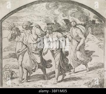 Città del Vaticano, Raffaello, Italia, Borgianni, Orazio, dipinti nella Loggia di Raffaello, Lot lascia Sodoma con sua moglie e le sue figlie, con vero timbro, Lot lascia Sodoma con sua moglie e le sue figlie. Sullo sfondo la città in fiamme., stampa, altezza 148 mm, larghezza 179 mm, 1578 - 1616-01-11, stampatrice, 1615 - 1615, carta, incisione, 1483-04-07 - 1520-04-07, dopo la verniciatura di Foto Stock