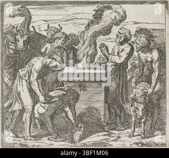 Città del Vaticano, Raffaello, Italia, Borgianni, Orazio, dipinti nella Loggia di Raffaello, Noè sacrifica a Dio, verso - timbrato, Noè e i suoi compagni fanno un sacrificio a Dio su un altare., stampa, altezza 151 mm, larghezza 171 mm, 1578 - 1616-01-11, stampatrice, 1615 - 1615, carta, incisione, 1483-07 - 1520-04-07, dopo la verniciatura di Foto Stock