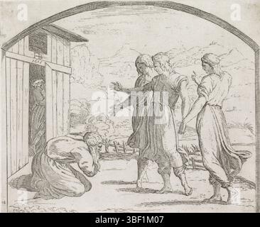 Città del Vaticano, Raffaello, Italia, Borgianni, Orazio, dipinti nella Loggia di Raffaello, Abramo e i tre angeli, stampati verso, Abramo è inginocchiato davanti a tre angeli. Dietro Abraham c'è Sara in un fienile., stampa, altezza 149 mm, larghezza 179 mm, 1578 - 1616-01-11, stampatrice, 1615 - 1615, carta, incisione, 1483-04-07 - 1520-04-07, dopo la verniciatura di Foto Stock