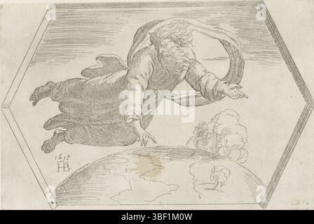 Città del Vaticano, Raffaello, Italia, Borgianni, Orazio, dipinti nella Loggia di Raffaello, creazione del cielo e della terra, verso - timbrato, Dio, un vecchio con la barba, che si libra sulla terra., stampa, altezza 144 mm, larghezza 216 mm, 1578 - 1616-01-11, stampatrice, 1615 - 1615, carta, incisione, 1483-07 - 1520-04-07, dopo la verniciatura di Foto Stock
