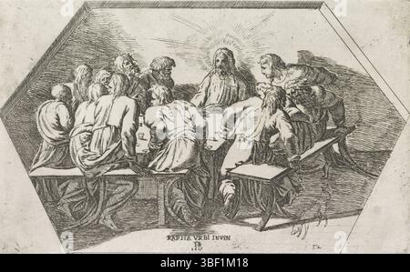 Città del Vaticano, Raffaello, Italia, Borgianni, Orazio, dipinti nella Loggia di Raffaello, ultima cena, verso - timbrato, Cristo siede con i suoi discepoli intorno a un tavolo all'ultima cena., stampa, altezza 140 mm, larghezza 226 mm, 1578 - 1616-01-11, stampatrice, 1615 - 1615, carta, incisione, 1483-04-07 - 1520-04-07, dopo la verniciatura di Foto Stock