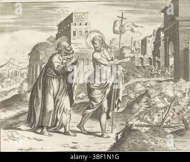 Città del Vaticano, Raffaello, Roma, Italia, Bonasone, Giulio, Cavalieri, Giovanni Battista de', Cristo appare a Pietro alla porta di Roma, verso - timbrato, Cristo appare a Pietro appena fuori la porta della città di Roma. Pietro chiede a Cristo 'Quo vadis, Reverendo?'. Cristo risponde alla domanda con 'Eo Romam iterum crucifi' (vado a Roma per essere crocifisso di nuovo). Peter tiene le chiavi in mano. Sullo sfondo dei soldati che lasciano la città., stampa, altezza 284 mm, larghezza 354 mm, italiano, 1525 - 1601-07-23, stampatore, 1569 - 1569, carta, incisione, incisione, incisione (processo di stampa), concezione del lavoro, Foto Stock