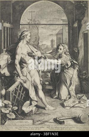 Città del Vaticano, Paolo V, Roma, Villamena, Francesco, Italia, Barocci, Federico, Ciamberlano, Luca, Cristo appare a Maria Maddalena (Noli me tangere), verso - timbrato, Maria Maddalena si inginocchia davanti a Cristo in un fienile. Si appoggia contro una recinzione, la ferita nel suo fianco è visibile. Accanto a Maria Maddalena si trova la sua pentola di unguento. Sullo sfondo uno sguardo a Golgota con le tre croci. Testo con margine inferiore., stampa, altezza 394 mm, larghezza 270 mm, italiano, 1570, stampatrice, 1609 - 1609, carta, incisione, incisione (processo di stampa), draga intermedia, dopo il disegno, concezione del lavoro, 1528 - 1612-09-30, indietro Foto Stock