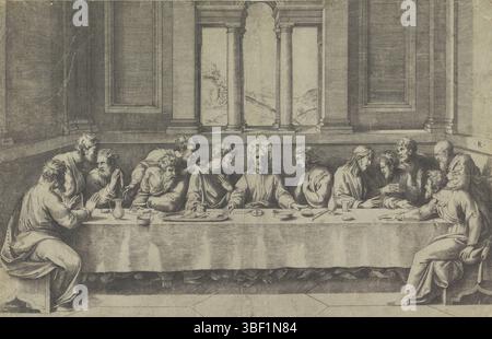 Italia, Raffaello, Italia, Raimondi, Marcantonio, dente, Marco, l'ultima cena, verso - timbrato, Cristo e i suoi dodici discepoli seduti intorno a un tavolo. Attraverso una finestra sulla vista dello sfondo su un orizzontale., stampa, altezza 283 mm, larghezza 435 mm, italiano, 1486 - 1527, stampatore, 1498 - 1532, carta, incisione, incisione (processo di stampa), ideazione del lavoro, 1482 - 1534, da stampare, concetto di lavoro, 1483-04-07 - 1520-04-07 Foto Stock