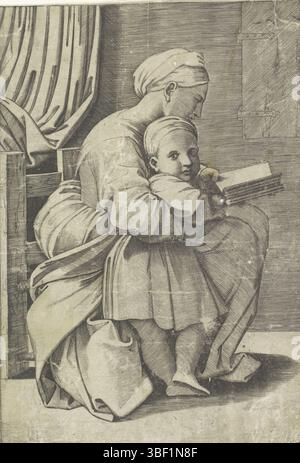 Italia, Raffaello, Italia, dente, Marco, Maria insegna a Cristo bambino a leggere, verso foglio sciolto - timbrato, Maria siede su una sedia e legge da un libro. Il Cristo bambino si erge contro di lei e guarda lo spettatore., stampa, stampato verso, altezza 208 mm, larghezza 416 mm, italiano, 1486 - 1527, stampatore, 1498 - 1532, carta, incisione, incisione (processo di stampa), ideazione del lavoro, 1483-04-07 - 1520-04-07 Foto Stock