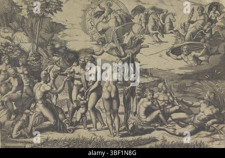 Italia, Raffaello, Italia, Raimondi, Marcantonio, dente, Marco, il giudizio di Parigi, verso-timbrato, Un incontro di dei in un paesaggio. In primo piano, Parigi fa una scelta tra Venere, Giunone e Minerva. Dietro Parigi c'è mercurio. Apollo vola sulla sua auto solare attraverso il cielo., stampa, altezza 289 mm, larghezza 430 mm, italiano, 1486 - 1527, stampatore, 1498 - 1532, carta, incisione, incisione (processo di stampa), ideazione del lavoro, 1482 - 1534, da stampare, 1483-04-07 - 1520-04-07 Foto Stock