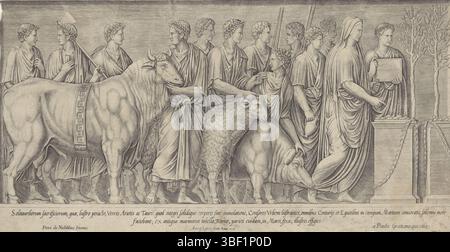 Roma, Nobili, Pietro de', Roma, Lafreri, Antonio, Italia, Speculum Romanae Magnificentiae, rilievo in marmo con processione con animali sacrificali, timbrato verso, rilievo in marmo con rappresentazione di una processione romana con animali sacrificali., stampa, altezza 201 mm, larghezza 402 mm, incisore, 1553 - 1553, carta, incisione, incisione (processo di stampa), pubblicazione (evento), pubblicazione, italiano, 1512 - 1577, editore, editoria, pubblicazione (evento) Foto Stock