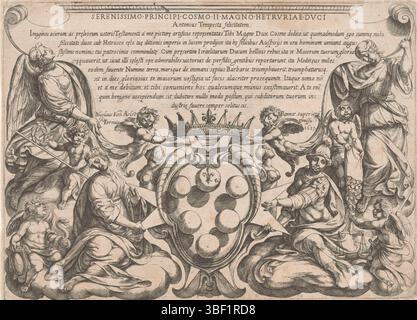 Roma, Corte Pontificia, Roma, Aelst, Nicolaus van, Italia, tempesta, Antonio, Scene di battaglia dell'Antico Testamento, Stampa del titolo con il comando e l'arma di Cosimo II de'Medici e rappresentazioni di giustizia, attenzione, fama e nobiltà, stampa, stampa del titolo, stampe, altezza 210 mm, larghezza 287 mm, italiano, 1555 - 1630-08-05, macchina per stampa, 1613 - 1613, carta, incisione, incisione, pubblicazione (evento), pubblicazione, Paesi Bassi meridionali, 1527 - 1613, editore, fornitore di privilegi Foto Stock