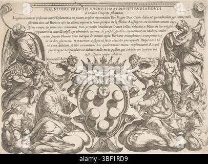 Roma, Corte Pontificia, Roma, Aelst, Nicolaus van, Italia, tempesta, Antonio, Scene di battaglia dell'Antico Testamento, Stampa del titolo con il comando e l'arma di Cosimo II de'Medici e rappresentazioni di giustizia, attenzione, fama e nobiltà, stampa, stampa del titolo, stampe, altezza 210 mm, larghezza 287 mm, italiano, 1555 - 1630-08-05, macchina per stampa, 1613 - 1613, carta, incisione, incisione, pubblicazione (evento), pubblicazione, Paesi Bassi meridionali, 1527 - 1613, editore, fornitore di privilegi Foto Stock