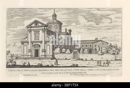 Città del Vaticano, Alessandro VII, Roma, Rossi, Giovanni Giacomo de', Italia, Falda, Giovanni Battista, il nuovo teatro di Roma moderna, il secondo libro del novo teatro delle favriche, et educii, fatte fare in Roma, e fuori di Roma dalla santita di nostro signore papa Alessandro vi (libro secondo), Modern Buildings in Rome, Chiesa della Miracolosa Madonna dell'Ariccia situata fuori della terra con la facciata e cuppola edificate da N. S. pp. Alessandro VII, Madonna di Galloro in Ariccia, titolo a margine. La stampa fa parte di un album. Stampa, foglio di albumina, stampe, altezza 169 mm, larghezza 286 mm, italiano, Foto Stock