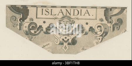 Anversa, Ortelio, Abramo, Vredeman de Vries, Hans, Huys, Frans, Theatrum Orbis Terrarum, Islandia, Cartouche di una mappa dell'Islanda, cartiglio allungato con mascarone, Anversa, cartiglio allungato con una maschera da uomo con corna. Questi avvisatori acustici aderiscono a due fori nel telaio. Il cartiglio è un frammento di una mappa dell'Islanda. La stampa fa parte di un album., stampa, stampa ornamento, foglio di albumina, stampe, altezza 59 mm, larghezza 148 mm, macchina di stampa, 1590 - 15900, carta, incisione, incisione (processo di stampa), pasta, ideazione del lavoro, 1522 - 1562, dopo la stampa di, olandese meridionale, 1527 - 1607, dopo desig Foto Stock