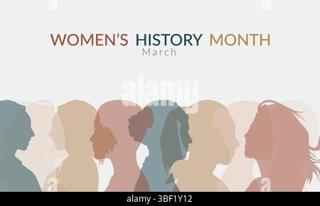 Le silhouette di diverse teste femminili si allineano in fila, con colori pastello tenui, creando un'atmosfera minimalista e inclusiva adatta. Illustrazione Vettoriale