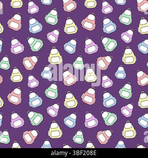 Motivo vettoriale senza cuciture con zaini scolastici colorati su sfondo viola. Concetto di ritorno a scuola, forniture per l'educazione dei bambini, accesso scherzoso agli studenti Illustrazione Vettoriale