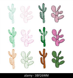 Due tipi di cactus messicani in elegante set vettoriale di sfumature rosa e verde dipinte in stile lineare. Opuntia e altri cactus grafica clip art Illustrazione Vettoriale