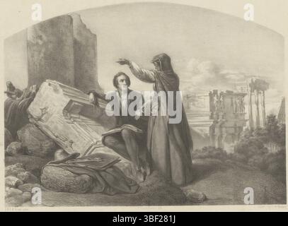 Den Haag, Koninklijke Nederlandse Steendrukkerij van C.W. Mieling, Laar, Jan Hendrik van de, Voorn Boers, Sebastiaan Theodorus, Waalzezegster legge la mano dell'uomo, l'Aia, verso - timbrato, Una donna legge la mano dell'uomo seduto davanti a lei su una rovina. In grembo poggia un libro aperto, in mano tiene una bussola. Sullo sfondo de Boog van Constantijn en het Colosseum., stampa, altezza 255 mm, larghezza 347 mm, olandese, 1828-05-24 - 1893-08-16, stampatore, 1847 - 1865, carta, litografia da esposizione, 1807-02-01 - 1874-05-15, dopo, dopo la pittura da, stampante Foto Stock