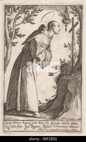 Roma, Rossi, Giovanni Giacomo de', Italia, Schiaminossi, Raffaello, San Didaco di Alcalá, Roma, verso - stampigliato, San Didaco di Alcalá con croce destra e cranio., stampa, altezza 156 mm, larghezza 97 mm, italiano, 1572 - 1622, stampatore, 1601 - 1601, carta, incisione, pubblicazione (evento), pubblicazione, 1627 - 1691, editore Foto Stock