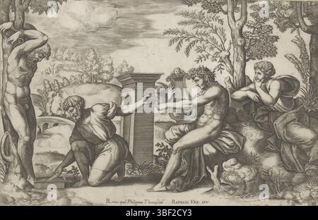 Roma, Thomassin, Philippe, Italia, Raffaello, maestro dei dadi, Apollo e Marsias, Roma, verso - timbrato, il sater Marsyas è legato ad un albero e sta per essere scuoiato. A destra c'è Apollo con il suo argano e una donna che guarda. Sullo sfondo un paesaggio., stampa, altezza 184 mm, larghezza 285 mm, italiano, tedesco, stampatore, 1530 - 1560, carta, incisione, incisione (processo di stampa), concezione del lavoro, 1483-04-07 - 1520-04-07, dopo la progettazione, pubblicazione (evento), pubblicazione, francese, 1562-01-28 - 1622-05-12, editore Foto Stock