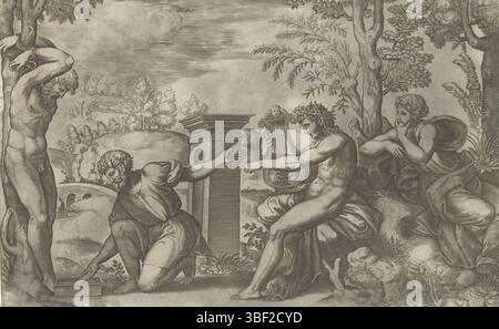 Italia, Raffaello, Italia, Maestro dei dadi, Apollo e Marsias, verso - timbrato, il sater Marsyas è legato ad un albero e sta per essere scuoiato. A destra c'è Apollo con il suo argano e una donna che guarda. Sullo sfondo un paesaggio., stampa, altezza 179 mm, larghezza 284 mm, italiano, tedesco, stampatore, 1530 - 1560, carta, incisione, incisione (processo di stampa), tono foglio, concezione lavoro, 1483-04-07 - 1520-04-07 Foto Stock