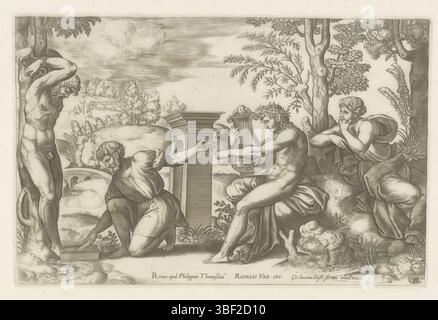 Roma, Rossi, Giovanni Giacomo de', Roma, Thomassin, Filippo, Italia, Raffaello, Maestro dei dadi, Apollo e Marsias, stampato verso, il sater Marsyas è legato ad un albero e sta per essere scuoiato. A destra c'è Apollo con il suo argano e una donna che guarda. Sullo sfondo un paesaggio., stampa, altezza 188 mm, larghezza 285 mm, italiano, tedesco, stampatore, 1530 - 1560, carta, incisione, incisione (processo di stampa), concezione del lavoro, 1483-04-07 - 1520-04-07, dopo la progettazione, pubblicazione (evento), pubblicazione, francese, 1562-01-28 - 1622-05-12, editore, 1627 - 1691, editore Foto Stock