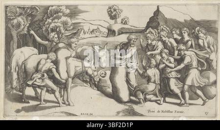 Roma, Nobili, Pietro de', Italia, Raffaello, Bonasone, Giulio, Monogrammista POV, Coppa di Giuseppe scoperta nel sacco di grano di Beniamino, Roma, stampato verso, la tazza di Giuseppe viene scoperta nel sacco di grano di Beniamino. A sinistra ci sono tre muli, uno dei quali è pieno di grano. A destra i fratelli di Jozef., stampa, altezza 125 mm, larghezza 237 mm, italiano, stampatore, 1584 - 1585, carta, incisione, incisione (processo di stampa), Work Conception, 1510 - 1576, da stampare, 1483-04-07 - 1520-04-07, da disegno, pubblicazione (evento), pubblicazione, editore Foto Stock