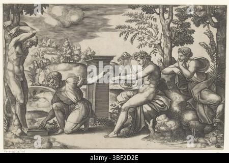 Italia, Raffaello, Italia, Maestro dei dadi, Apollo e Marsias, verso paper - scritto a mano in inchiostro marrone, il sater Marsyas è legato ad un albero e sta per essere scuoiato. A destra c'è Apollo con il suo argano e una donna che guarda. Sullo sfondo un paesaggio., stampa, verso - timbrato, Rafie V [...] Gin, altezza 185 mm, larghezza 284 mm, italiano, tedesco, stampatore, 1530 - 1560, carta, incisione, incisione (processo di stampa), Work Conception, 1483-04-07 - 1520-04-07 Foto Stock