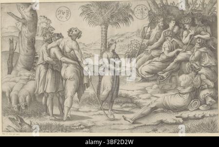 Italia, Raffaello, Italia, Giuseppe racconta ai suoi fratelli i suoi sogni, verso-timbrato, Giuseppe si trova in mezzo ad una palma. Destra e sinistra sono undici fratelli e uno orizzontale sullo sfondo., stampa, altezza 232 mm, larghezza 376 mm, stampatore, 1493 - 1570, carta, incisione, incisione (processo di stampa), 1483-04-07 - 1520-04-07, dopo la verniciatura di Foto Stock