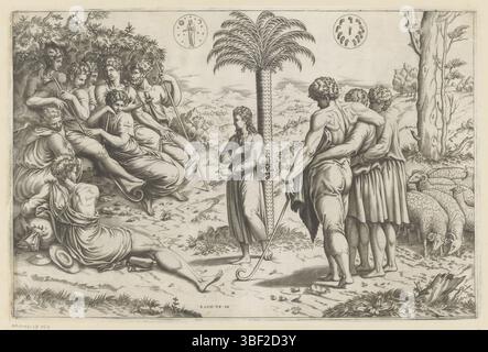 Italia, Raffaello, Italia, Giuseppe racconta ai suoi fratelli i suoi sogni, verso-timbrato, Giuseppe si trova in mezzo ad una palma. Sinistra e destra sono undici fratelli e uno orizzontale sullo sfondo., stampa, altezza 248 mm, larghezza 372 mm, stampatore, 1493 - 1570, carta, incisione, incisione (processo di stampa), 1483-04-07 - 1520-04-07, dopo la verniciatura di Foto Stock