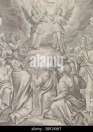 Amsterdam, Visscher, Claes Jansz. II), Vos, Maerten de, Collaert, Adriaen, Theatrum Biblicum hoc Est Historiae Sacrae Veteris et Novi Testamenti tabulis Aeneis Expressae, credo apostolico, Ascendit ad coelos sedet ad dexteram dei Patris onipotentis, Ascensione, Amsterdam, illustrazione del sesto articolo della fede ([Cristo] asceso al cielo, siede alla mano destra di Dio, il padre onnipotente) del credo apostolico. Dopo che Cristo ha navigato verso il cielo, gli apostoli guardano al cielo. A loro appaiono due angeli. Dietro gli angeli, la Santissima Trinità. Cristo trona con la croce sulla destra Foto Stock