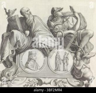 Barbarigo, Giovanni Francesco, Audenaerd, Robert van, Roma, Numismata virorum illustrium ex barbatica gente, Ritratto di Marco Barbarigo e le personificazioni di deliberazione e di attenzione, timbrato verso, pedana sotto forma di cartiglio. Poi un ciondolo con sul davanti il ritratto di Marco Barbarigo. Sul retro la personificazione femminile di Venezia, con cappello doge e scettro. È tenuta da una donna con caduceo, forse la pace personificata. È inserito il testo seguente: Felix Administratio. Ha lasciato sul piedistallo la personificazione della deliberazione o del Consiglio. E' un uomo barbuto Foto Stock