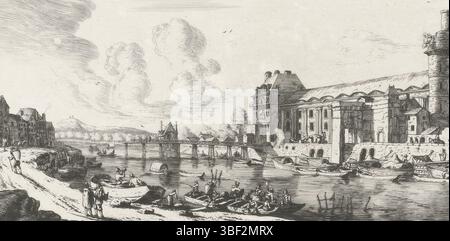 Nooms, Reinier, Francia, Meryon, Charles, le Pavillon de Mademoiselle et une partie du Louvre, Oever van Seine con Pavillon de Mademoiselle e parte del Louvre sull'altro lato, con stampa verso il centro, paesaggio urbano a Parigi con attraverso la Senna il Pavillon de Mademoiselle o Pavillon de Flore e parte del Louvre. In primo piano, le donne si lavano su una barca. In lontananza si trova un paesaggio collinare., stampa, verso destra - stampigliato, altezza 136 mm, larghezza 248 mm, altezza 310 mm, larghezza 430 mm, francese, 1821-11-23 - 1868-02-14, incisore, 1849 - 1849, secondo quarto del XIX secolo, chine collé, etchin Foto Stock