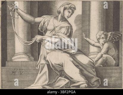 Città del Vaticano, Raffaello, Italia, Veneziano, Agostino, moderazione, recto a sinistra sotto - goffratura, la personificazione femminile della virtù (Temperantia) si trova su un bordo per una nicchia, fiancheggiata da due pilastri. Con entrambe le mani tiene le redini. A destra un putto, firmato con la mano destra., stampa, verso - stampato, altezza 164 mm, larghezza 225 mm, italiano, 1490 - 1536, stampatore, 1517 - 1517, carta, incisione, incisione (processo di stampa), incisione, 1483-04-07 - 1520-04-07, dopo la verniciatura Foto Stock