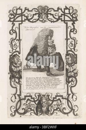 Sconosciuto, Amsterdam, Koning, Wilhelmus, Engelbrecht, Martin, Noordelijke Nederlanden, Folkema, Fopje, Buysen, Andries van (Sr.), Bombario Actionist and the Geest van Esopus, Rector Magnificus van de Onactionere Litteratuur, nano con una parrucca grande, il cappello in mano, 1720, sconosciuto, Paesi Bassi del Nord, Un nano con una parrucca grande, il cappello in mano. Nella didascalia un verso in olandese. Numerato al centro destro: 6. Stampa all'interno di una cornice decorativa stampata da un piatto separato con nane, sul fondo di una capra. Parte della seconda edizione olandese rilegata dal 1720 (e relativa al Windhandel in quell'anno) Foto Stock